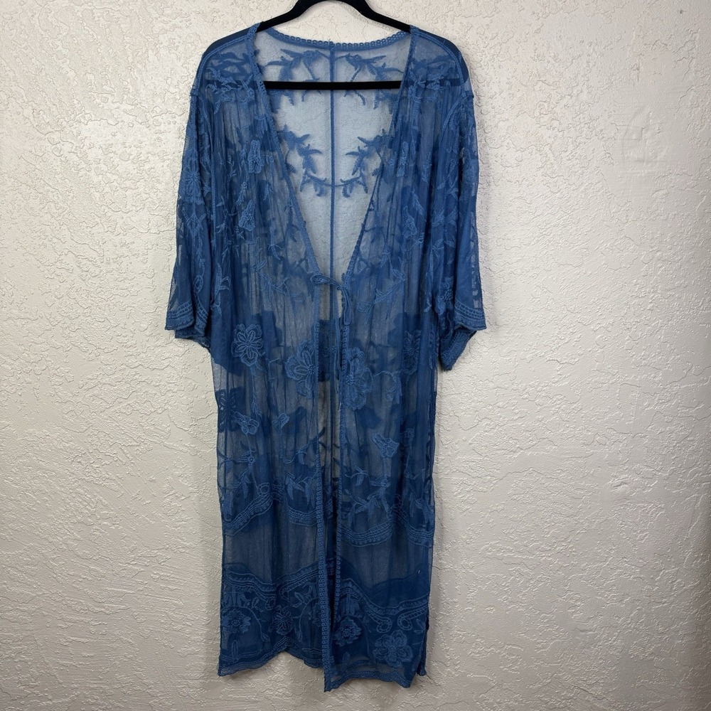 Womens Floral Lace Mesh Boho Cardigan Duster Size XXL Festival Resort Beach Blue
